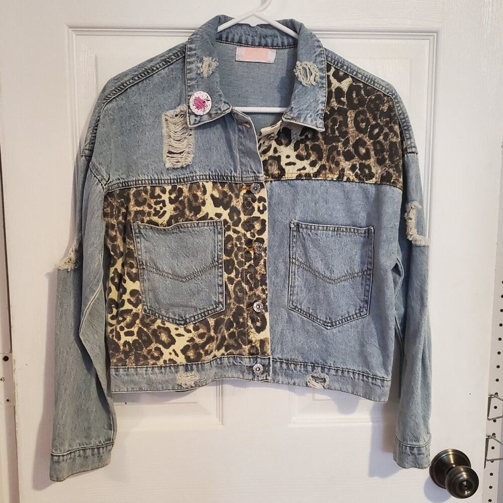 Distressed jean jacket with leopard print panels by C+D+M size M